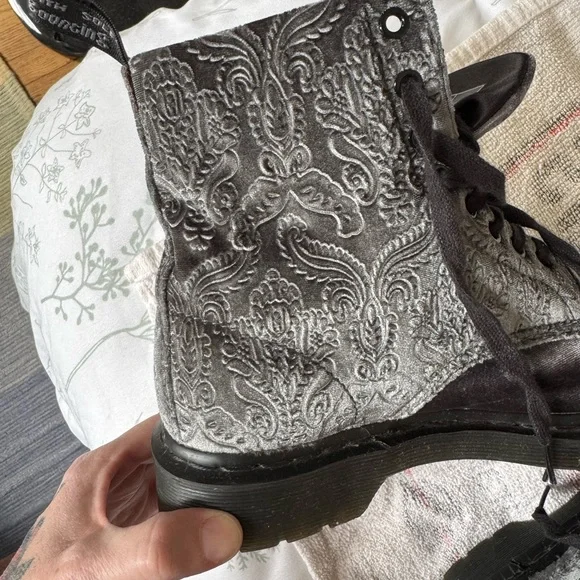 Dr. Martens 1460 Grey Brocade Velvet Boots - Picture 6 of 10
